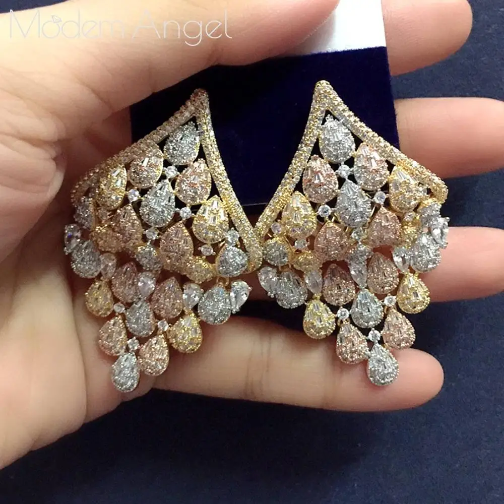 Золотой цвет ModemAngel, Роскошные Длинные серьги-кольца в форме цветка, женские свадебные Большие серьги с кубическим цирконием, бижутерия - Окраска металла: Золотой цвет
