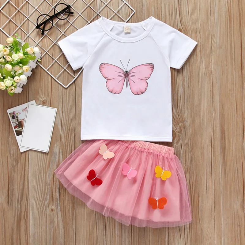 

Summer Children Girls Clothes Sets Butterfly Print Short SLeeve T shirt Print +Mini Mesh Skirt Suits 2Pcs Costume Set