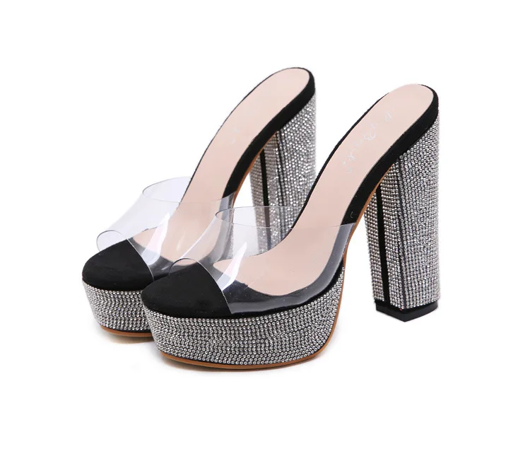 

Models in Europe And America Celebrity Style 2019 New Style Full of Crystals Chunky-Heel Waterproof Platform Sandals Slippers 34