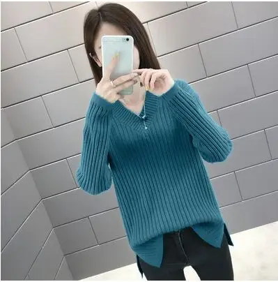 v-образный вырез, однотонный осенне-зимний женский свитер-пуловер, Женский вязаный обтягивающий свитер, свитер с длинными рукавами badycon NS4402 - Цвет: kong que lan