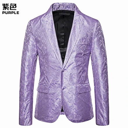 purple Модный Красный жаккардовый блейзер с цветочным принтом для мужчин,, однобортный мужской пиджак, пиджак для выпускного, вечерние, Клубные, для сцены, Chaqueta Hombre - Цвет: purple