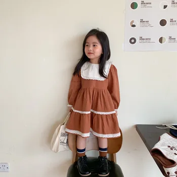 

2020 Baby dress brown color cotton linen design sweet toddler kids girls dress Autumn kids clothing