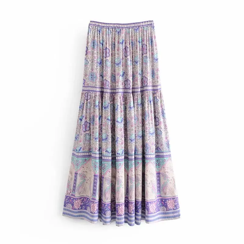 Винтажная шикарная модная хиппи женская фиолетовая пляжная богемная юбка с цветочным принтом высокая эластичная талия трапециевидная юбка макси в стиле бохо Femme