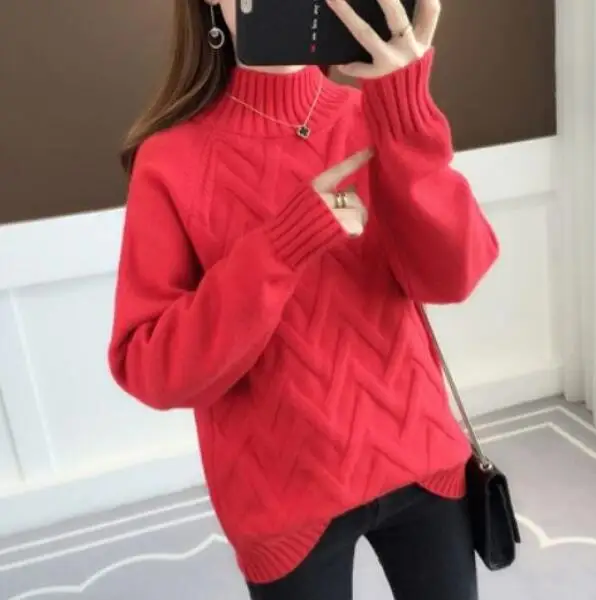 red no velvet Новинка, зимние женские корейские свободные бархатные вязанные пуловеры, свитер, женский свитер с высоким воротом, утолщенный флисовый низ, вязаные топы X51 - Цвет: red no velvet