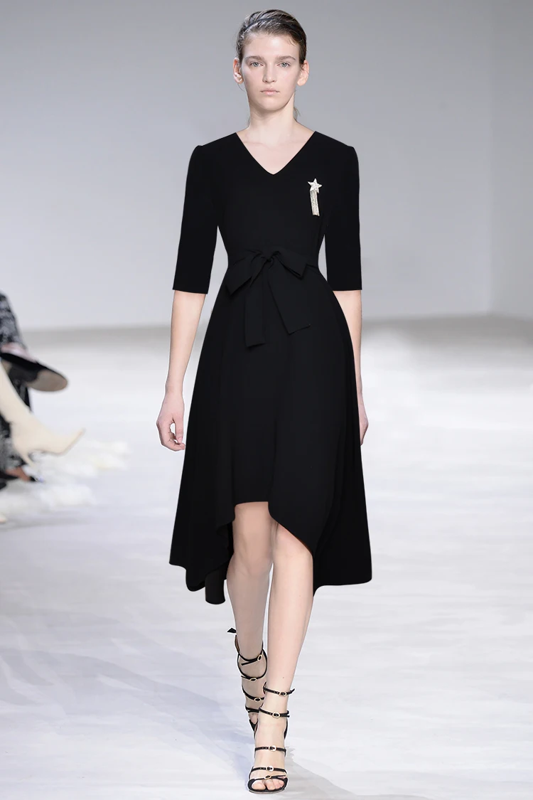 Year Fashion Women Long Dresses Half Sleeves Black Color V-Neck Tassel Tie Bow Lady Office Work Dress