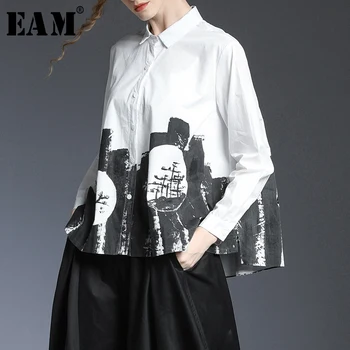 

[EAM] Women White Pattern Printed Big Size Blouse New Lapel Long Sleeve Loose Fit Shirt Fashion Tide Spring Autumn 2020 1T420