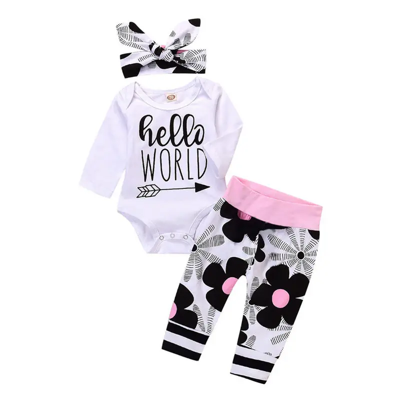 Милый комбинезон с длинными рукавами для маленьких девочек, комбинезон с буквенным принтом и цветочным принтом, штаны, комплект одежды для малышей - Цвет: White