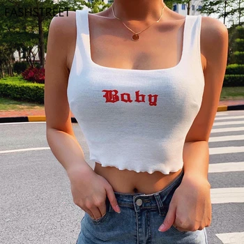 

FASHSTREET Baby Letter Print White Rib Knitted Tank Tops 2020 Summer Women Ruffles Stretch Slim Crop Tops Fashion Streetwear