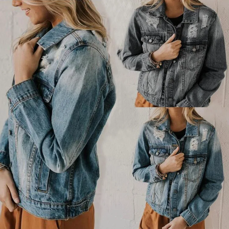 Boyfirend Свободная Женская куртка 2019 с отворотом легкое Синее Короткое джинсовое