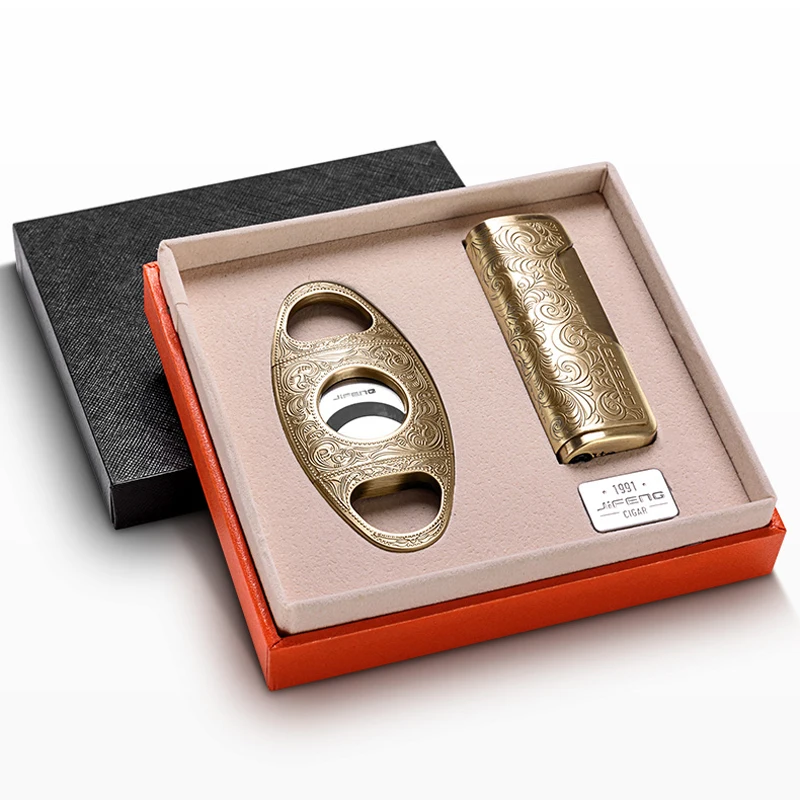 

New Jifeng Vintage Metal Super Sharp Cigar Cutter Windproof Jet Flame Cigar Cigarette Lighter With Gift Box Set Fit COHIBA