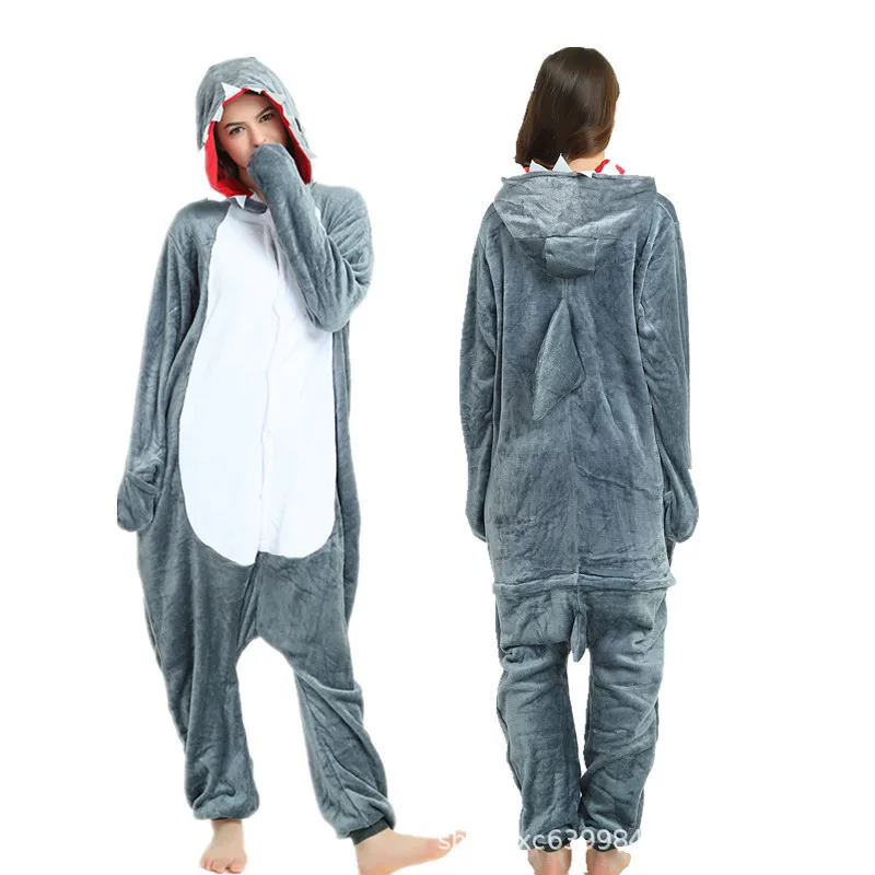 Кигуруми животных унисекс взрослых Акула Onesie пижамы мультфильм фланелевые