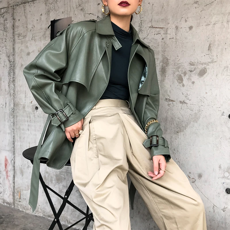 buy  2019 New Designer PU Leather Jacket Women Faux PU Leather Belt Coat Casual Female Streetwear Outwea