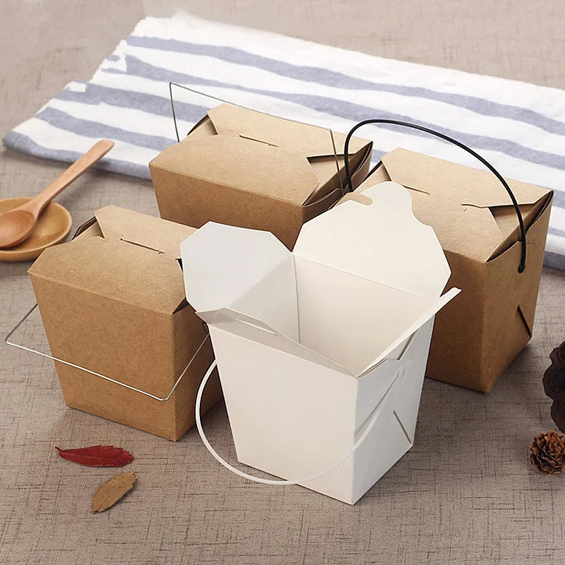 50 stuks Wegwerp kraft paer draagbare lunchbox witte kaart eten salade verpakking BBQ picknick gunst voedsel containers met handvat 50 stuks Wegwerp kraft paer draagbare lunchbox witte kaart eten salade verpakking BBQ picknick gunst voedsel containers met handvat