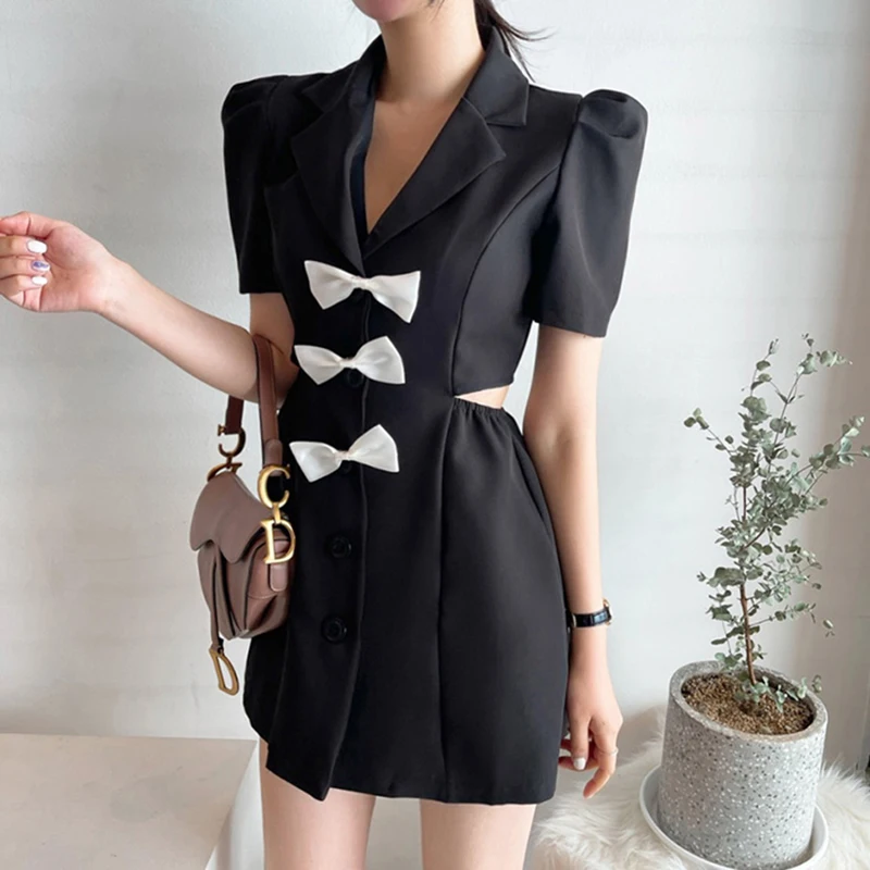 

Summer Dress For Women 2021 Notched Puff Sleeve Bow Patchwork Vestidos Waist Hollow Sexy Party Black Blazer Dresses Female