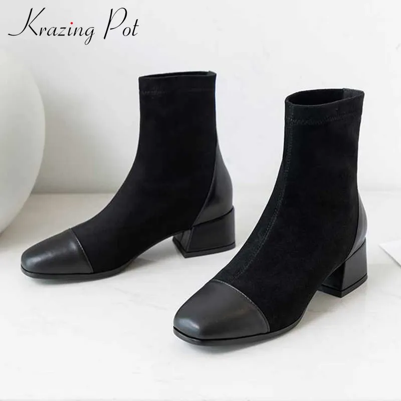 Krazing pot/ботинки из флока в стиле пэчворк из коровьей кожи; модные выразительные женские теплые растягивающиеся ботильоны на среднем квадратном каблуке без застежки; L9f1