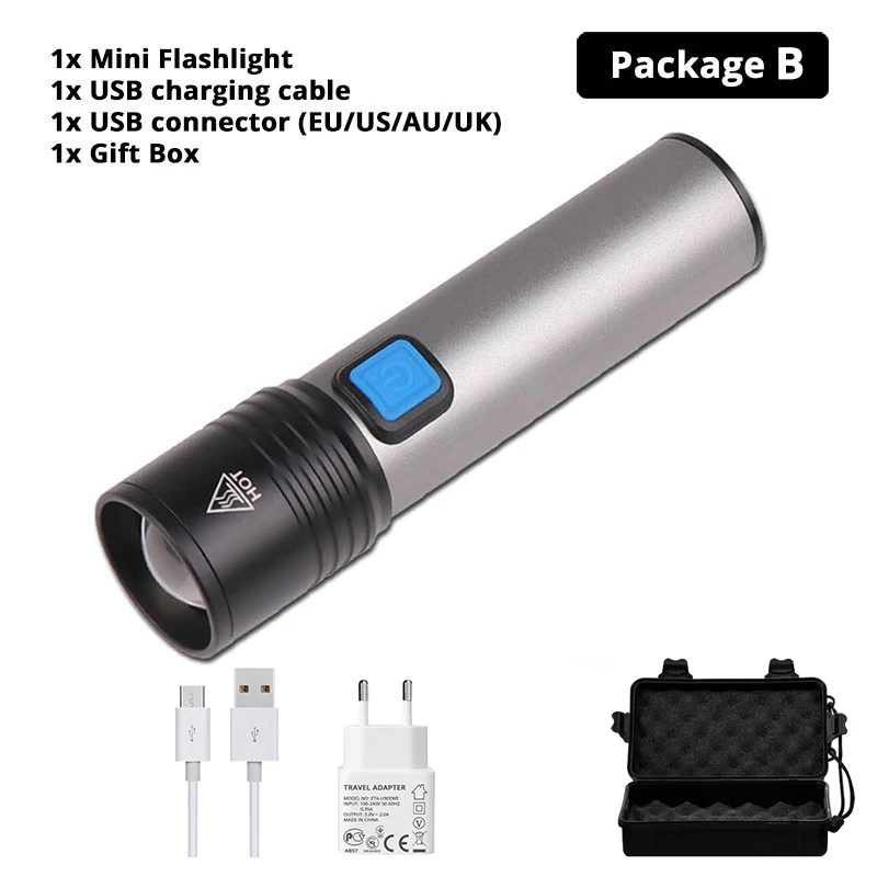 Светодиодный фонарик Mini T6, портативный фонарь, встроенный аккумулятор 1200 мА · ч, перезаряжаемый через USB, водонепроницаемый, телескопический, с зумом, домашнее, уличное освещение - Испускаемый цвет: Package B