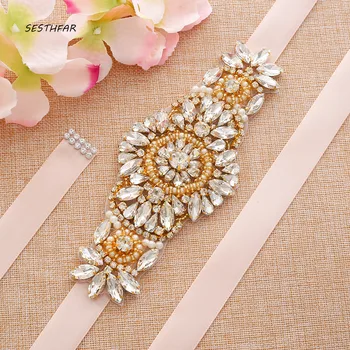 

Gold Luxurious Rhinestones Satin Ribbons Bridal Belt Sash Crystal Wedding Belt For Women Dresses J211G