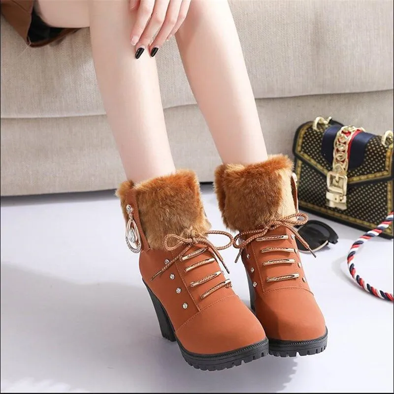 

Mhysa 2019 Ankle Boots Women Warm Plush Snow Booties Winter Lace Up Crystal Design Woman Fashion Shoes High Square Heels L851