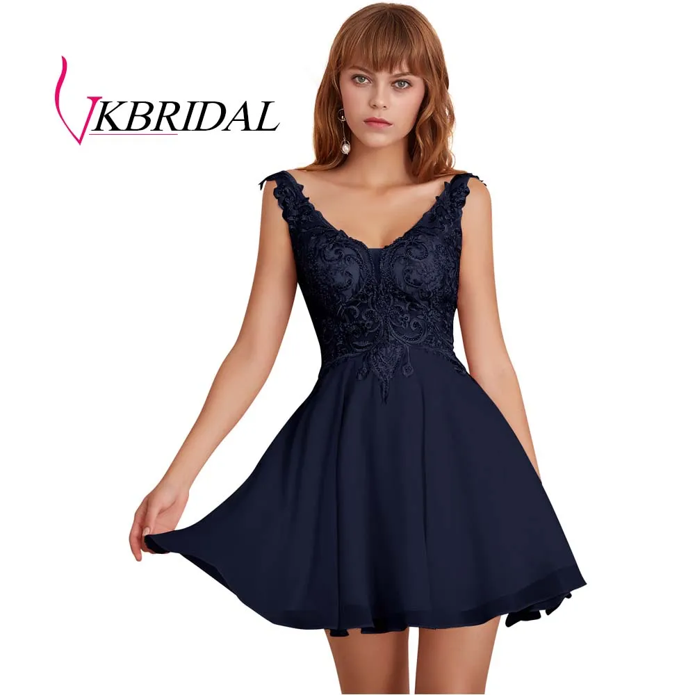 navy blue VKBRIDAL, сексуальные платья с открытой спиной для выпускного вечера, короткие,, v-образный вырез, шифон, кружево, бисер, жемчуг, розовые, вечерние платья для выпускного вечера - Цвет: navy blue