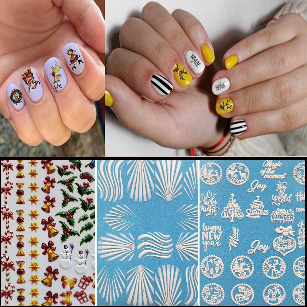 Christmas Series 6D Engraved Flower Acrylic Mark Nail sticker Nail Stickers Embossed Flower Water Nail Tool Decoration New