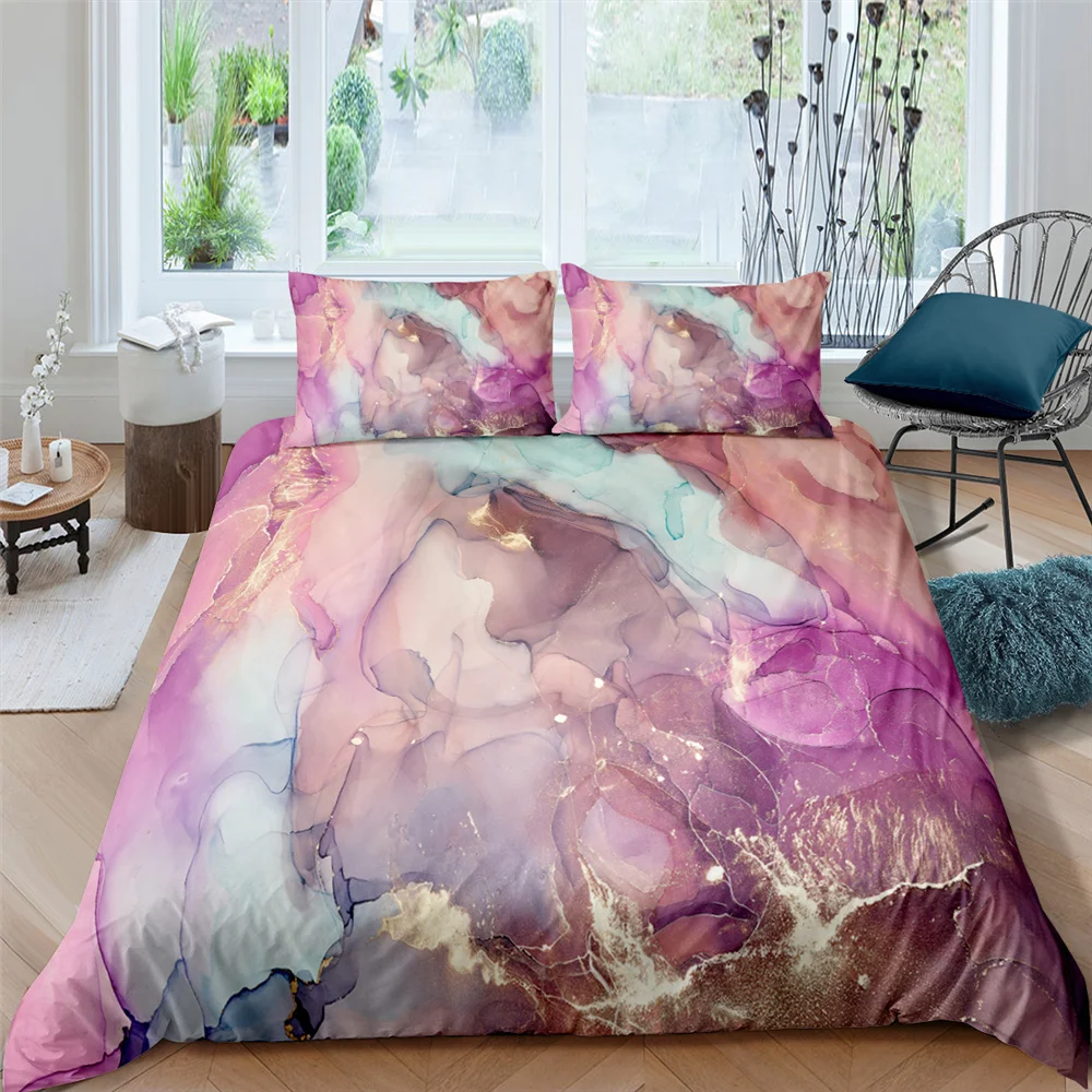 ZEIMON Marble Shiny Polyester Bedding Set 3D Print Geometric Duvet Cover Pillowcase Lightweight Quilt Cover 2/3pcs Bedclothes