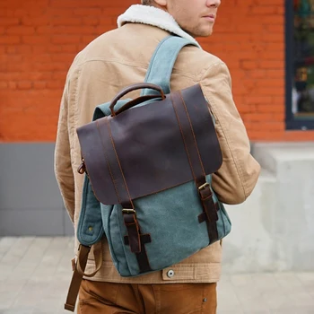 

New Vintage Canvas Leather Backpack Large Capacity Teenager Traveling Daypacks 14" Laptops Rucksack Laptop Backpacks