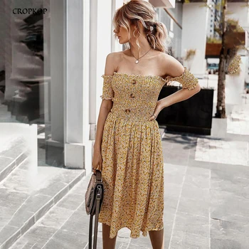 

Off Shoulder Dress Women Floral Print Strapless Sexy Backless Ruched Beach Dresses Elegant Summer 2020 Yellow Vacation Clothes