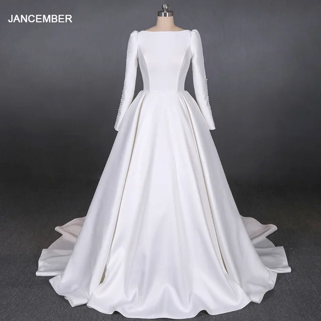 LSDZ25 White Simple Attractive O-Neck Long Sleeve Satin Backless Wedding Dress 2020 For Woman A-Line 1