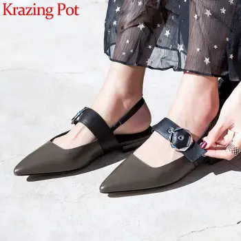 

Krazing pot 2020 new summer sandals cow leather cozy pointed toe low heels buckle beauty lady back strap brand shoes women L23
