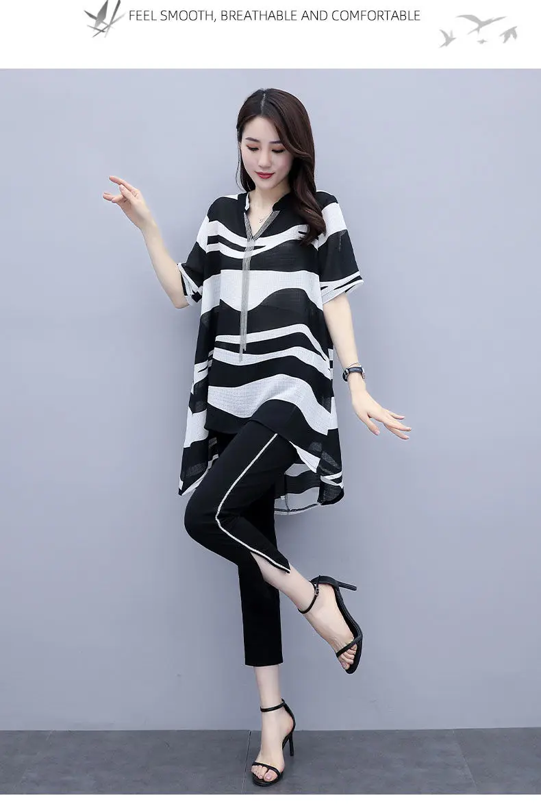 New Women's Summer Two-Piece Suits Western Style Casual Elegant Tassel Zebra Print Blouse Fashion Black Pencil Pants Plus Size two piece skirt and top