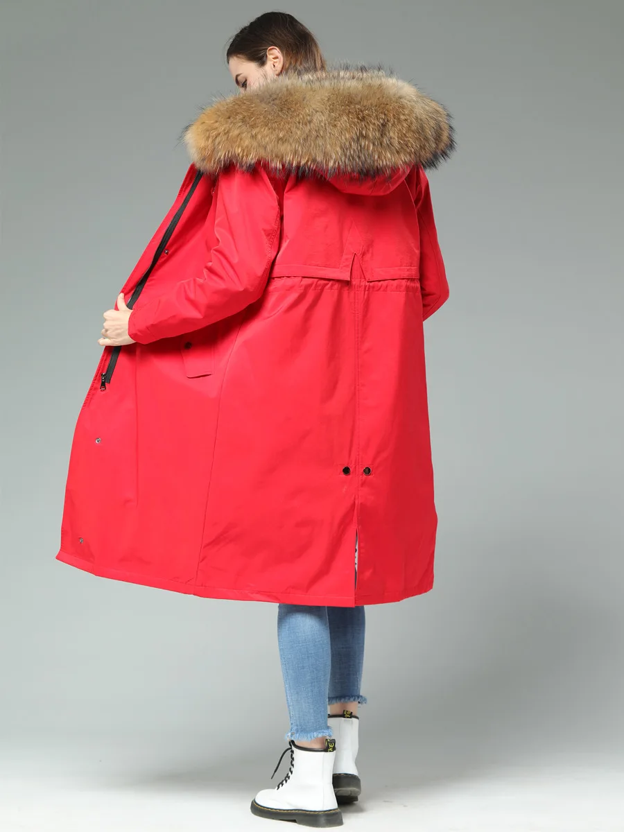 Parka King 90cm Long Whole Skin Pelt Muskrat Raccoon Fur Lining fur coat parkas winter coat women parka Large Raccoon Collar Red