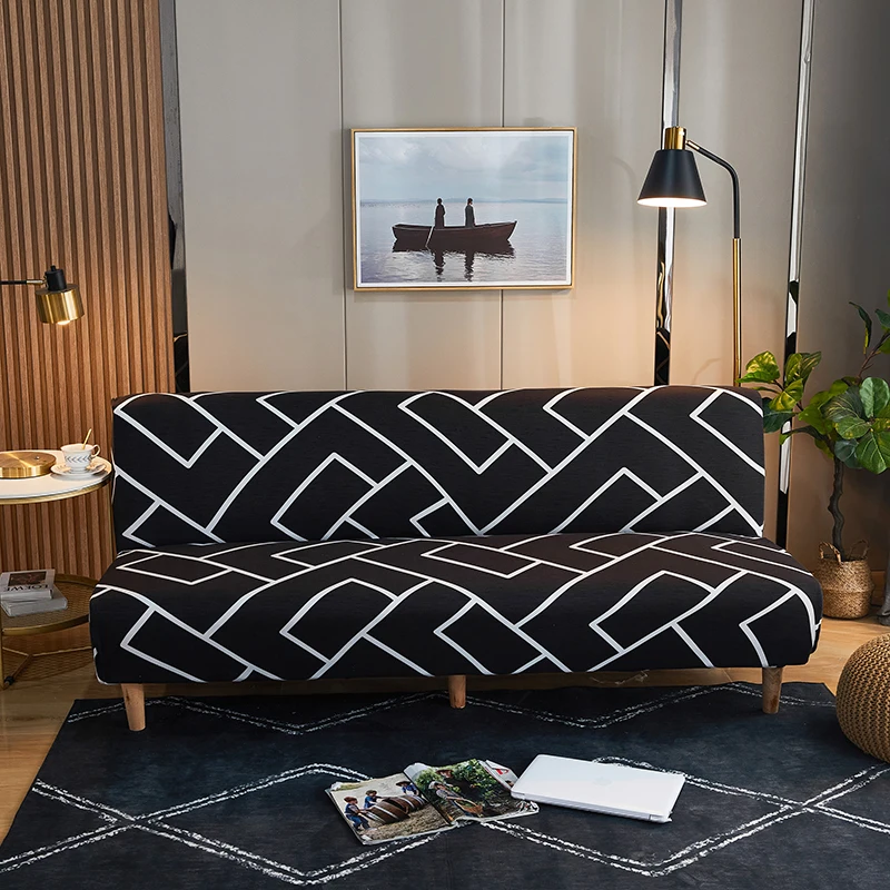 Black Geometric Print Spandex Stretch Sofa Bed Slipcover