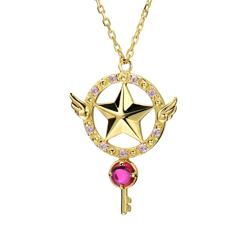 925 Sterling Silver Anime Card Captor Cardcaptor Sakura Necklace Sailor Moonlight Pendant Jewelry Women Girls Couple Lovers Gift 2