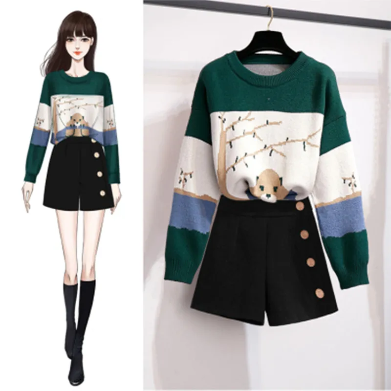 Fashion New Women Knitted Suits O-Neck Loose Sweater Black Single-Breasted Shorts Sets For Woman Winter Casual Set |