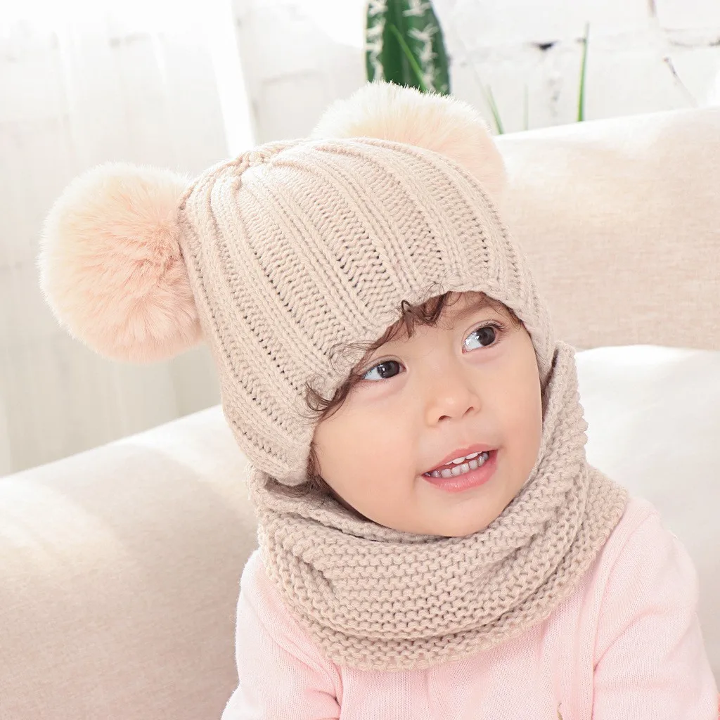 Детские шапки для детей 1-3 лет, зимняя теплая шапка, комплект для мальчиков и девочек, вязаная шапка с двойным ворсом и помпоном, мягкие зимние вязаные шапки