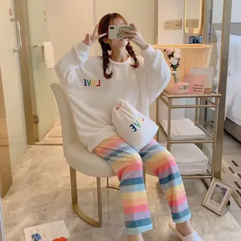 

FZSLCYIYI Winter Sweet Flower Coral Flannel Pajamas Sets Thick Warm Nightwear Female Long Sleeve Pants Pijama Homewear