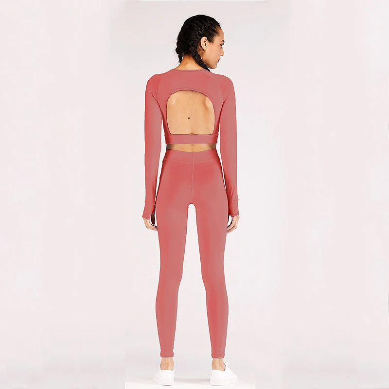 Bean red Бесшовный комплект из 2 предметов для йоги, женская одежда для спортзала, мягкие леггинсы для фитнеса и рубашка, спортивный костюм с длинным рукавом и открытой спиной, спортивный костюм, одежда для активного отдыха - Цвет: Bean red