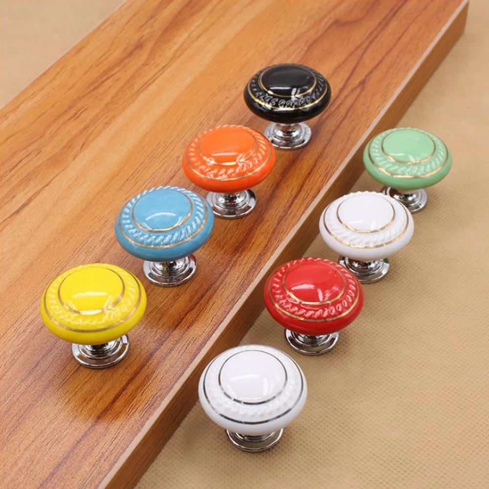 

1Pcs Ceramic Handle European Cabinet White Silver Wire Zinc Alloy Single Hole Round Handle Modern Simple Handle Knob