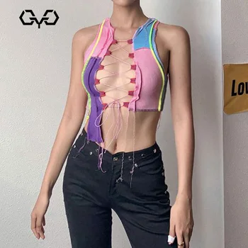 

QYQ Crop Tops Women 2020 Candy Color Patchwork Tank Tops Lace Up Sexy Clubwear Party Mesh Y2k Harajuku Bodycon Hollow Out Tops