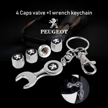 

Auto Car Tyre Stems Air Cover Valve Caps + Wrench Keychain Peugeot Valve Keychain New Tool Wrench Car Accessories for peugeot