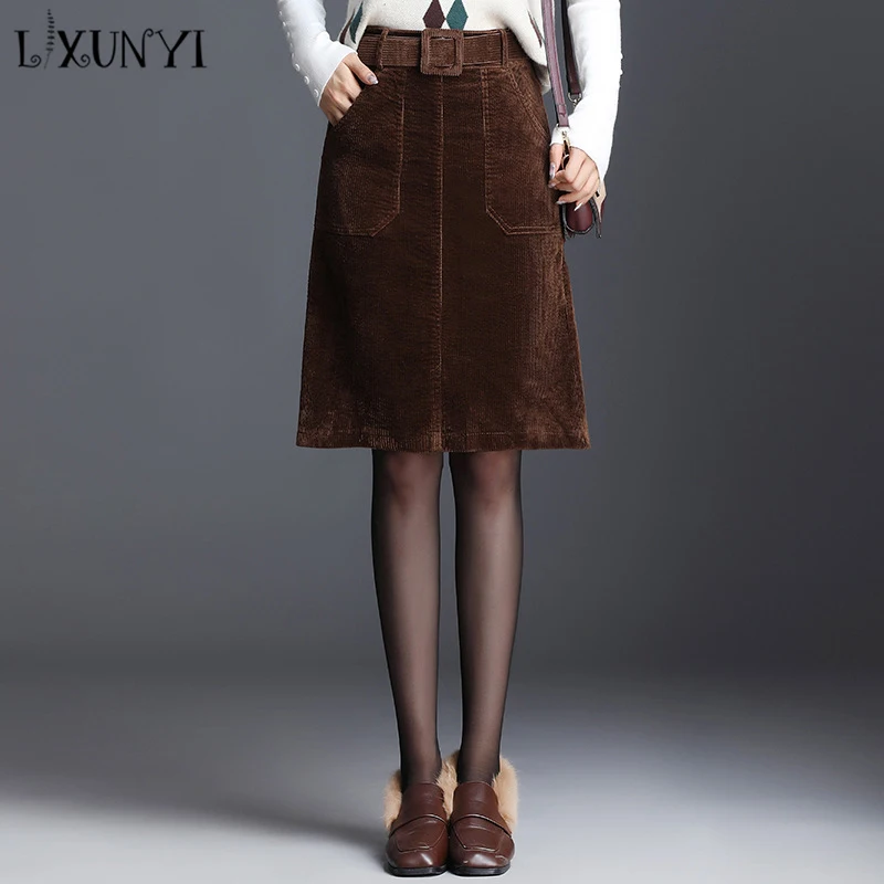 Lxunyi Women Corduroy Skirt Autumn Winter Office Ladies Formal Work Pencil Skirts with Belt Vintage Cotton Skirt Large Size