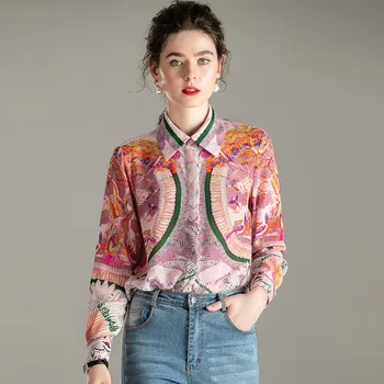 

A907328 Lapel Printing Silk Top Female Long Sleeve Silk Slim Shirt