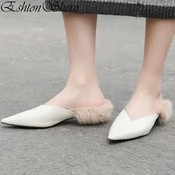 

EshtonShero Woman Warm Low Heels Leather+PU Slip On Pointed Toe Slingback Fur-lined Brown Ladies Wedding Shoes Size 3-9
