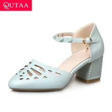 QUTAA/; модные летние женские босоножки с заклепками и вырезами; обувь с ремешком на щиколотке на квадратном каблуке; женские туфли-лодочки из искусственной кожи; размеры 34-43