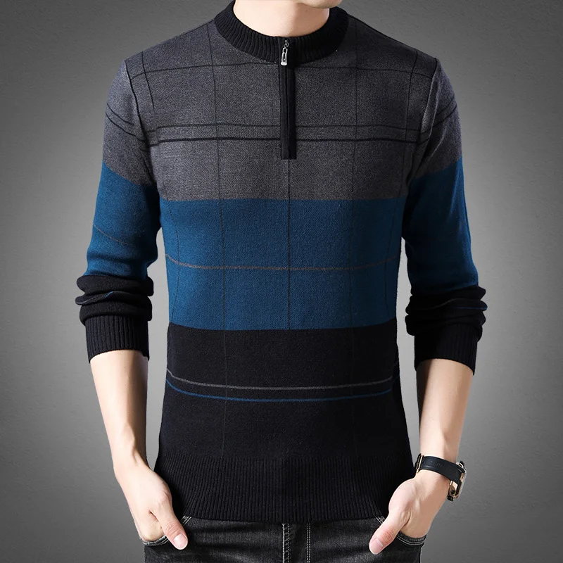 Новинка, модные брендовые мужские свитера, пуловер на молнии, облегающие вязаные Джемперы, зимний Корейский стиль, теплая Повседневная одежда для мужчин - Цвет: Синий