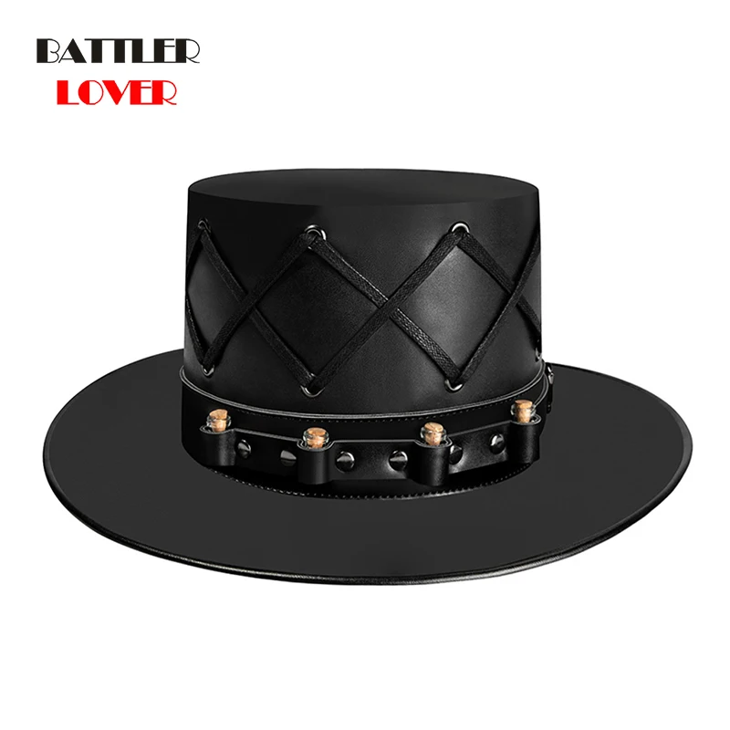 2021 Adult Black Rivet PU Leather Halloween Plague Doctor Flat Hat Mens Steampunk Gothic Cosplay Tether Bottle Hat Costume Props