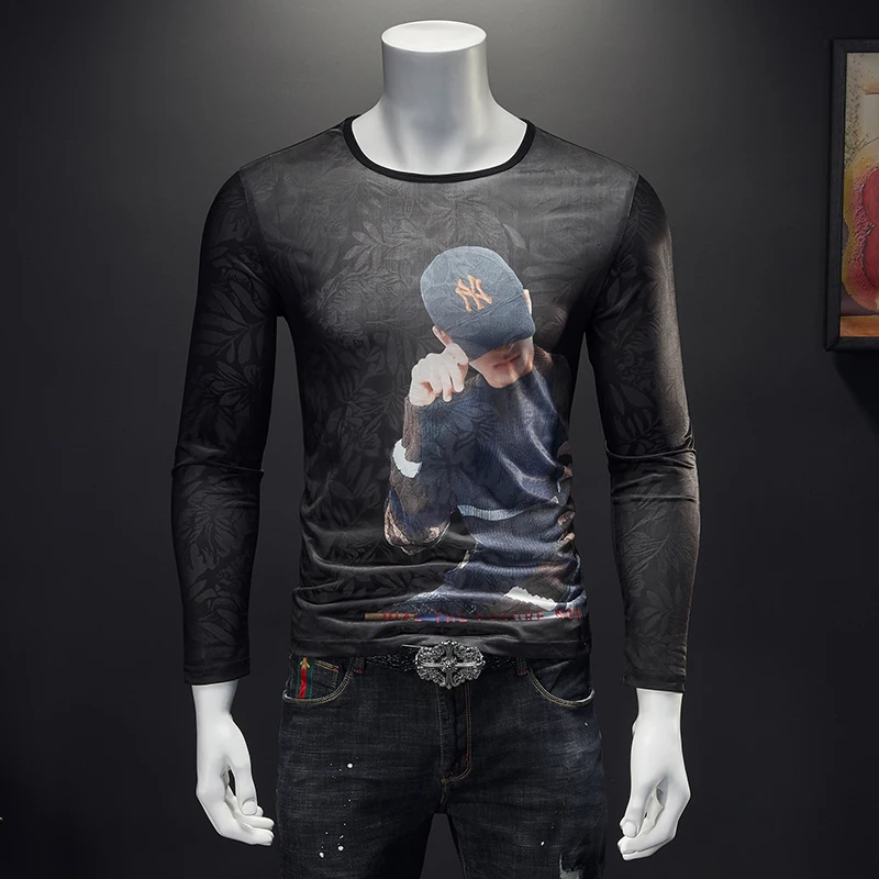 7 xl big yards qiantang 3025 19503 P40 fall social printing long sleeve men T-shirt male round collar - Цвет: see chart