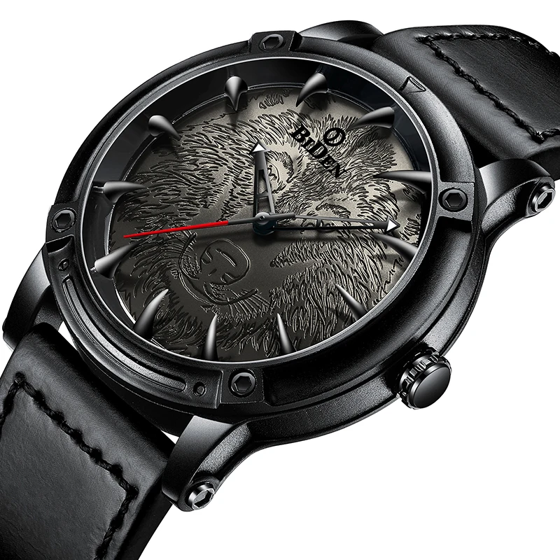 

Gothic Men Watch Wolf Laser Engrave Rock Steampunk Mens Wristwatch Full Black Brown Leather Quartz Man Watches Casual Male Clock