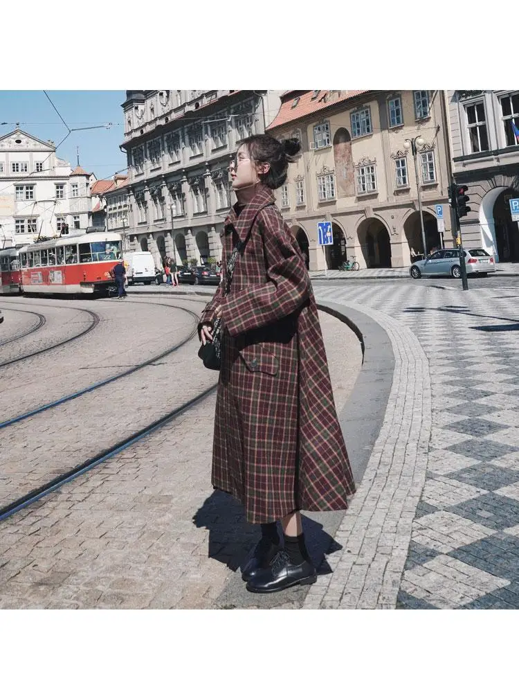 Новинка, осенне-зимняя шерстяная куртка для фотосессии, женский корейский стиль, свободный крой, фиолетовый, красный, в клетку, длинная, повседневная, шерстяная