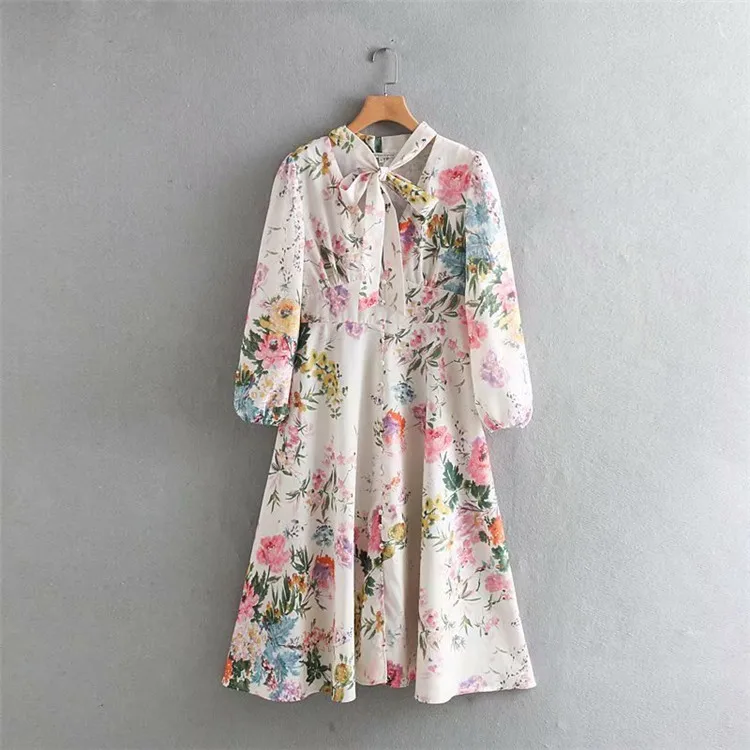 

2019 Europe And America Summer New Style WOMEN'S Dress Versitile Fashion Slimming V-neck Ribbon Printed Ninth Sleeve Dress